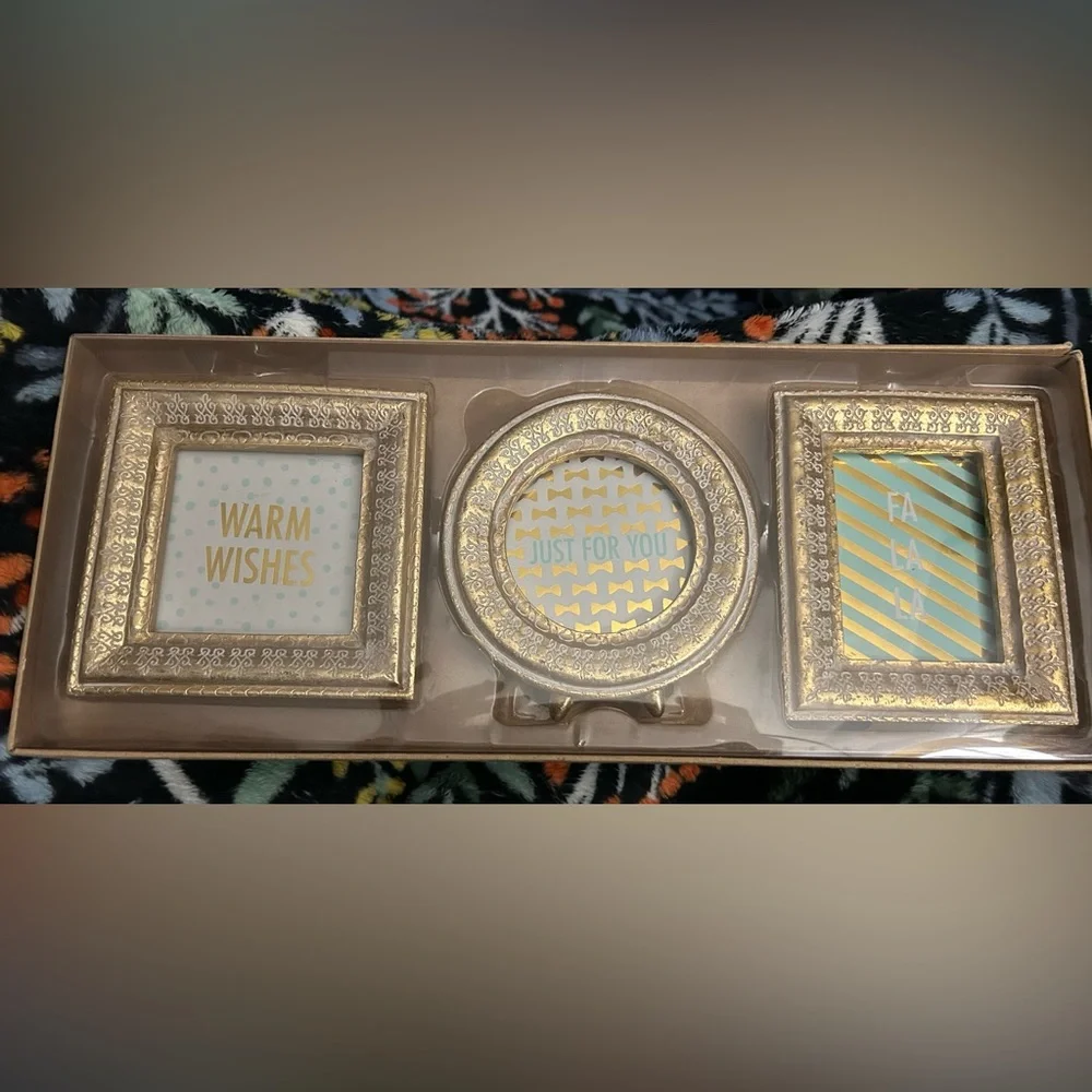 Set of 3 Gold Holiday Picture Frames – 3x3, 2x3, 3x3 – New in Box